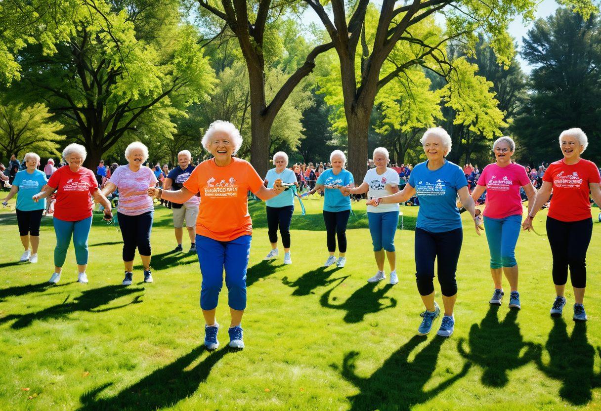 A lively scene showcasing diverse groups of people, from children to seniors, joyfully participating in a vibrant double Dutch jump rope activity in a colorful park. Brightly colored ropes swirl in motion, with laughter and smiles all around. Include trees, picnic blankets, and spectators cheering, creating an atmosphere of community and fun. The sun shines brightly overhead, emphasizing the happiness of the moment. super-realistic. vibrant colors. outdoor setting.