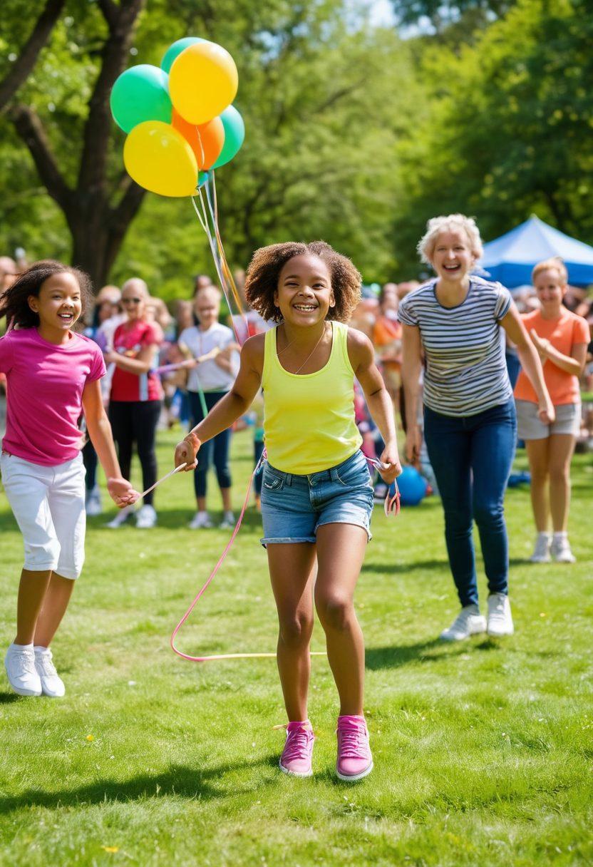 A vibrant scene depicting a diverse group of people of all ages joyfully engaging in Double Dutch jump rope competitions in a sunny park. Capture the energy with kids, teens, and adults in mid-jump, colorful ropes swirling around them, laughter, and cheering onlookers in the background. Incorporate playful elements such as balloons and picnic setups to enhance the community vibe. sprinkle in a glimpse of a competition banner in the background. bright colors. dynamic. playful atmosphere.