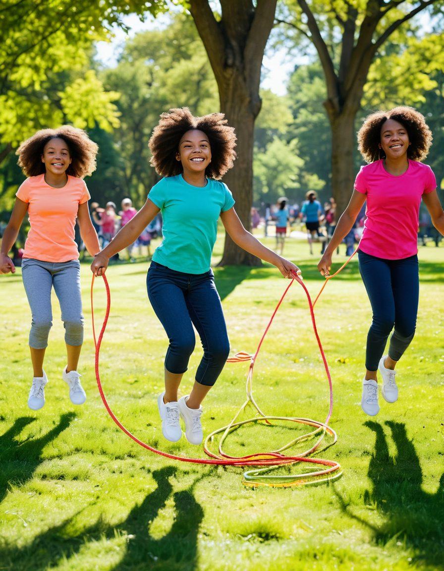 A dynamic scene of diverse children and adults joyfully jumping double Dutch ropes in a sunny park, showcasing strong camaraderie and fitness. The background features trees and a picnic area to enhance community vibes, while friends cheer each other on. Include colorful jump ropes and expressions of happiness and teamwork. Bright, vivid colors. outdoor setting.